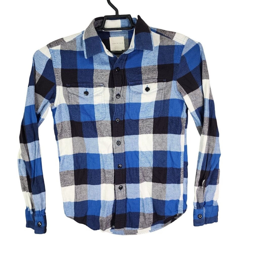 Mens American Eagle Blue & Black Plaid Flannel Shirt Button Up Size XS